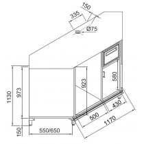 Retrobanco macchina caffè ad angolo 90° con struttura in legno L1170 x P550  x 1130h mm.