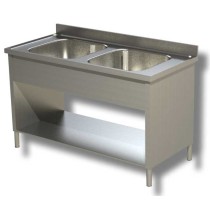 Lavello inox con ripiano, 2 vasche, 1 gocciolatoio dx-Prof60cm